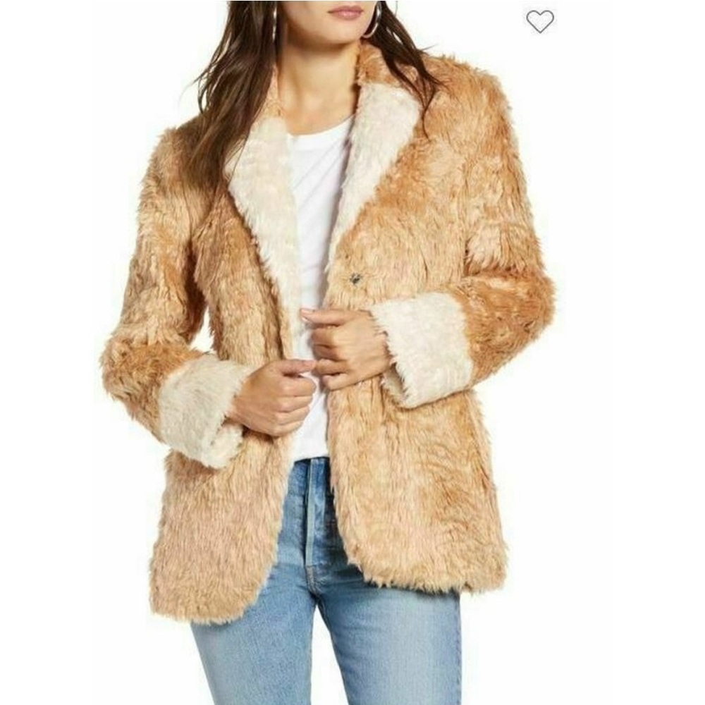 Mural Women Brown Ivory Faux Fur Jacket Plush Day to Night Coat Blazer XS